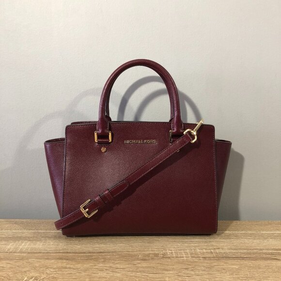 Michael Kors Selma Medium Saffiano Leather Merlot/Wine Satchel Crosbody Handbag - Picture 1 of 16